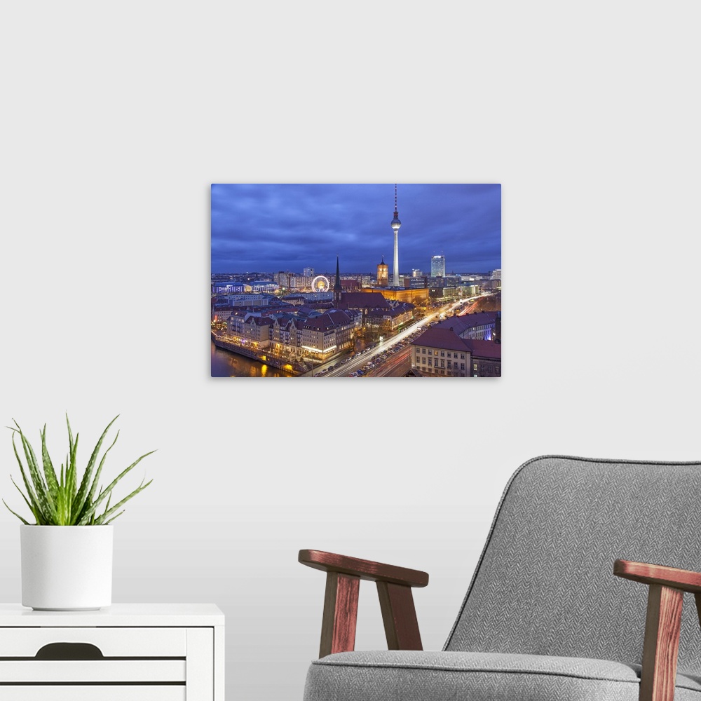 A modern room featuring Berlin Mitte, the central distric of Berlin with the 368m tall TV tower seen from Fischerinsel at...