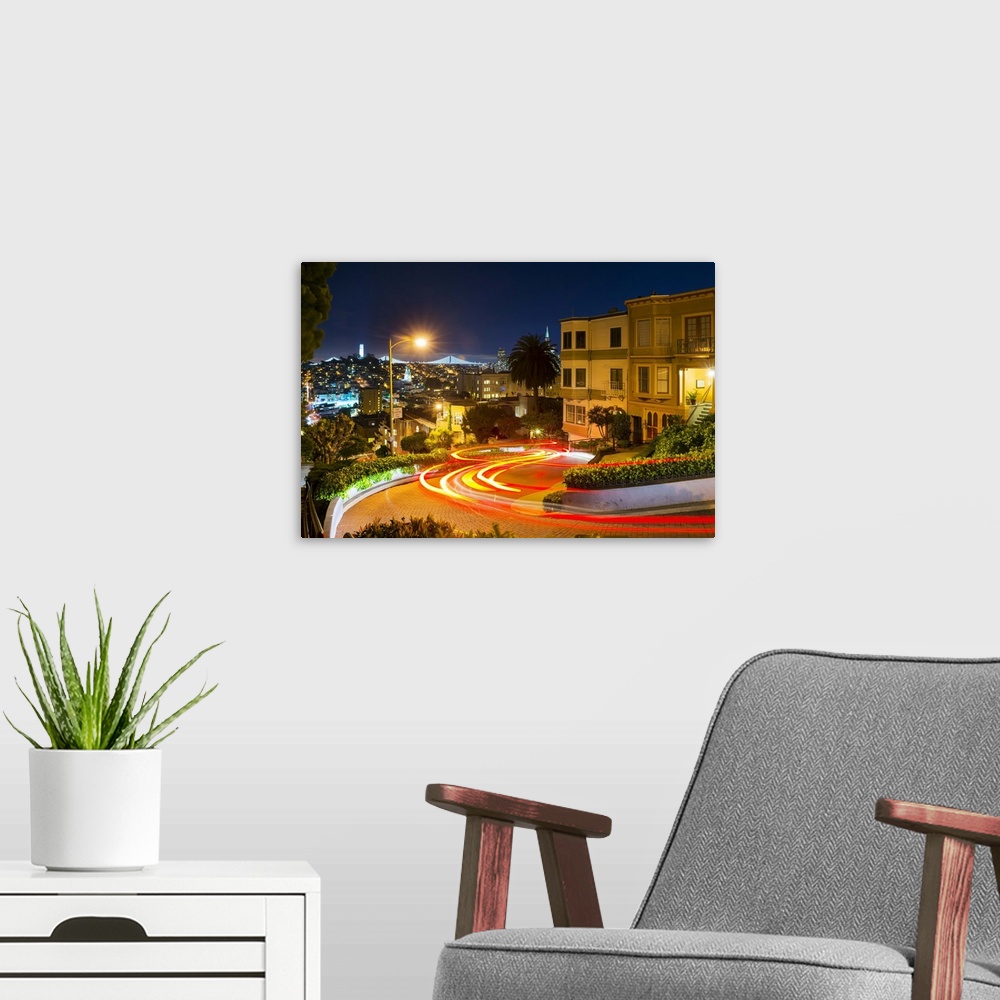 A modern room featuring North America, USA, America, California, San Francisco, car passing down Lombard Street at night.