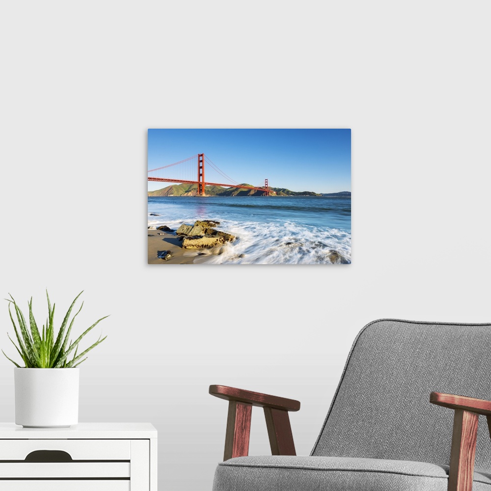 A modern room featuring North America, USA, America, California, San Francisco, Golden gate bridge from Marine drive beach.