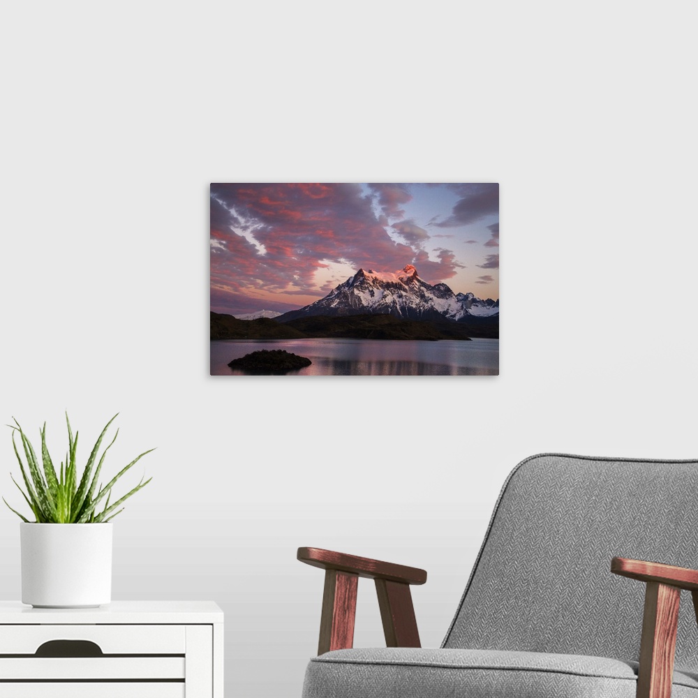 A modern room featuring Chile, Torres del Paine, Magallanes Province. Sunrise over Cerro Paine Grande with Lake Pehoe in ...