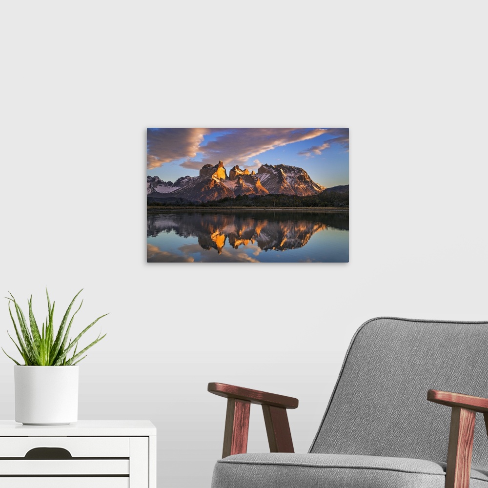 A modern room featuring Chile, Torres del Paine, Magallanes Province. Sunrise over Torres del Paine reflected in the wate...