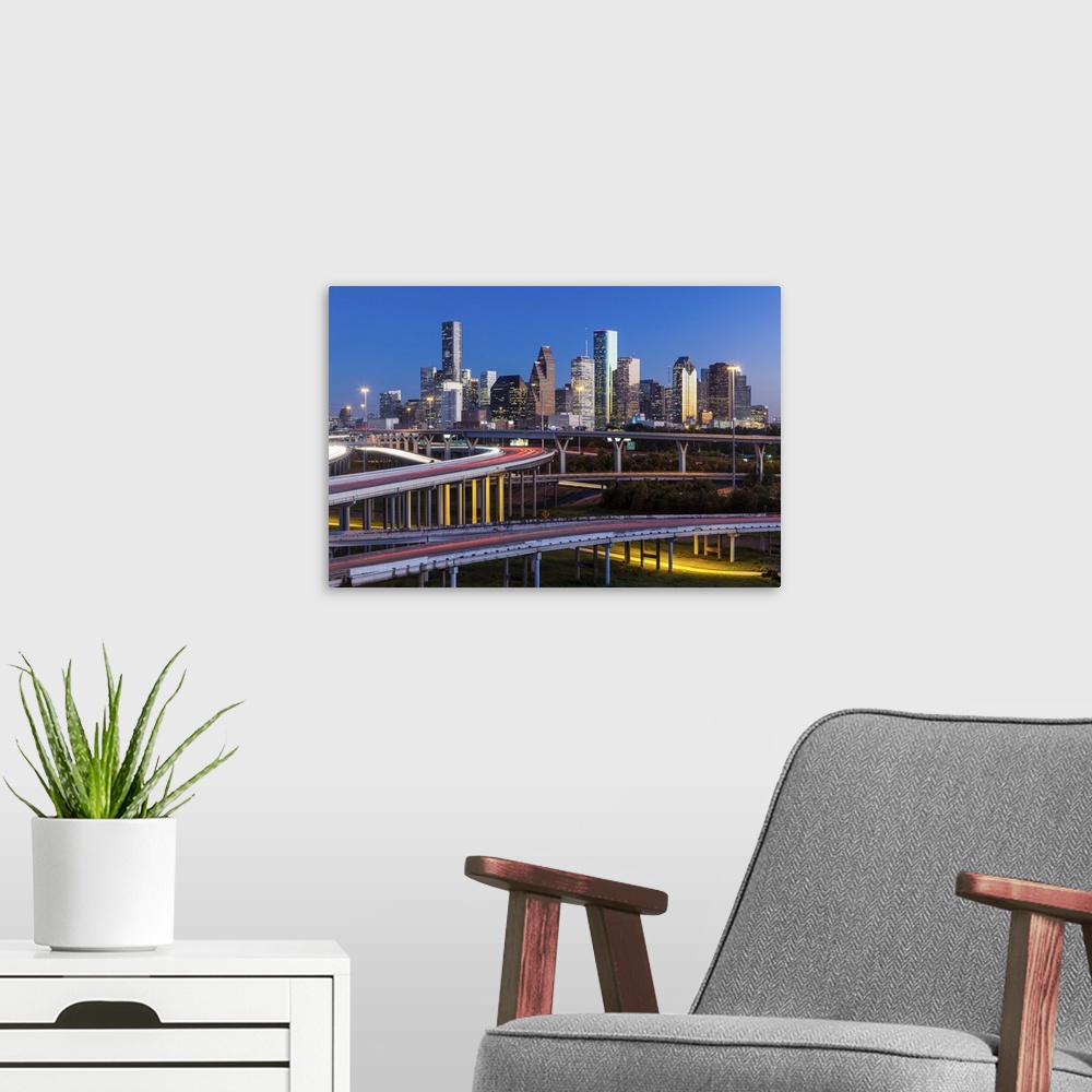 A modern room featuring City skyline and Interstate, Houston, Texas, United States of America