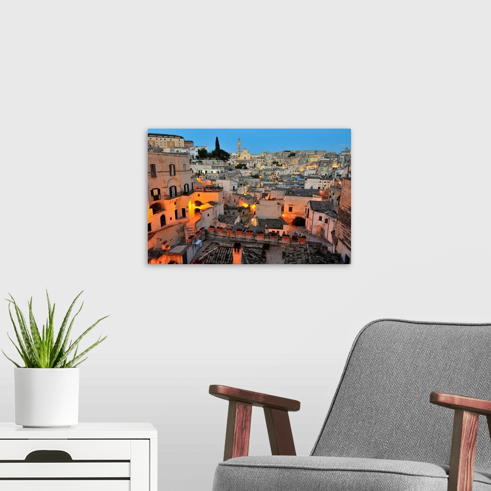 A modern room featuring Cityscape Of "Sassi" In Matera, Region Of Basilicata, Italy, Europe.