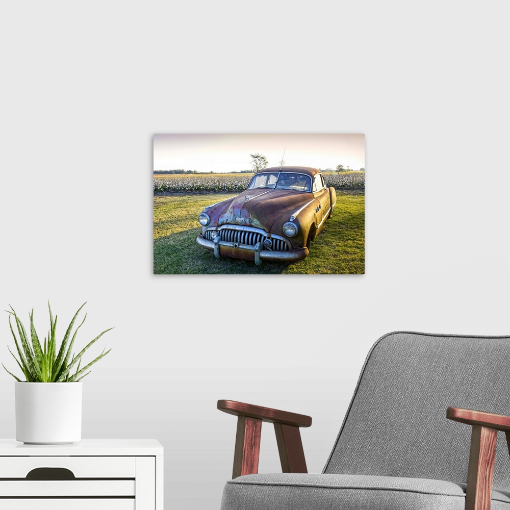 A modern room featuring Clarksdale, Mississippi, Cotton Field, Vintage Buick Super (1950).
