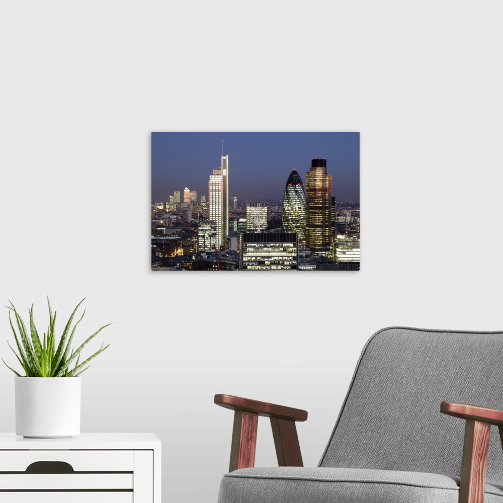 A modern room featuring Engalnd, The City of London seen from the Barbican.