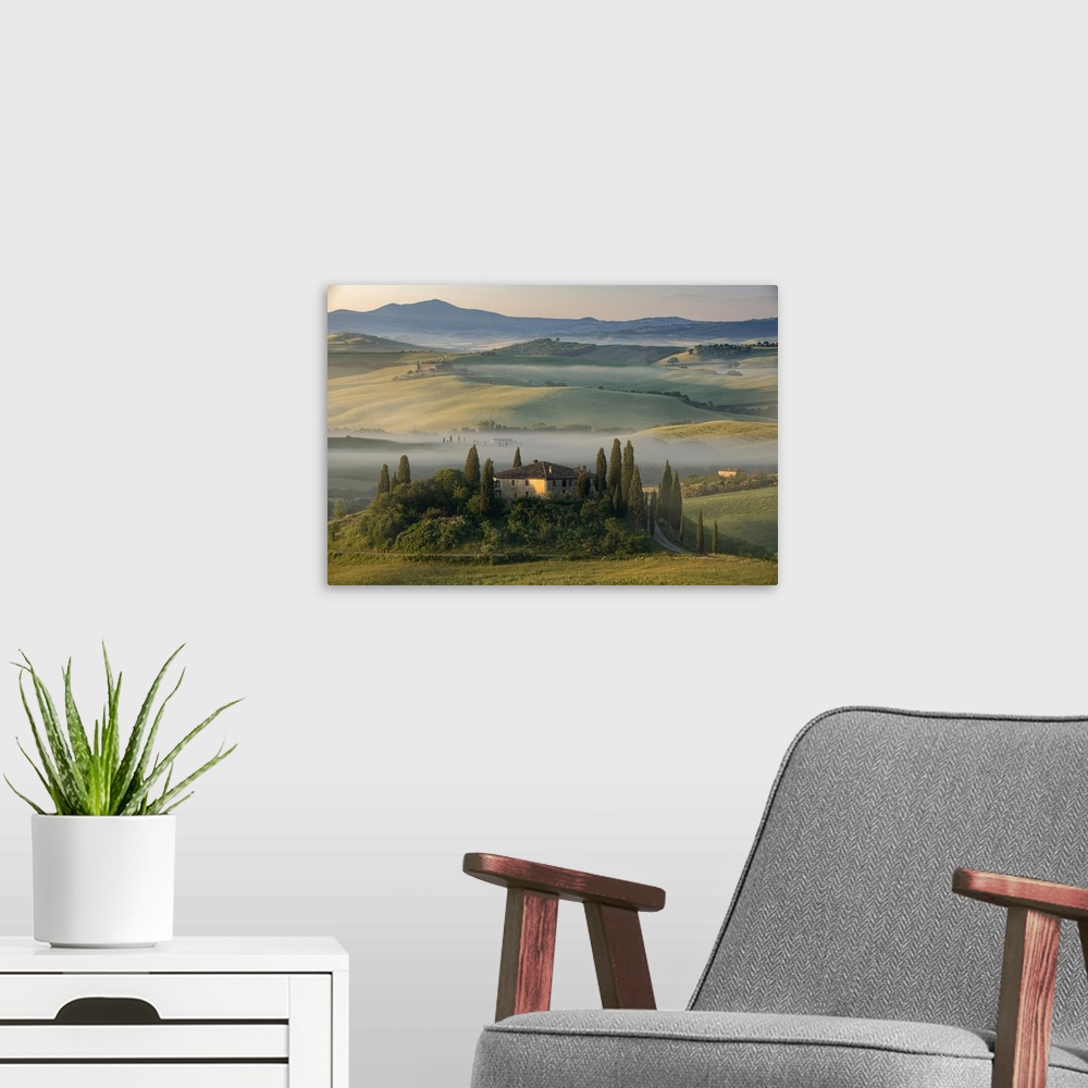 A modern room featuring Europe, Italy, Tuscany, Toscana,San Quirico d'Orcia, farm house in the morning