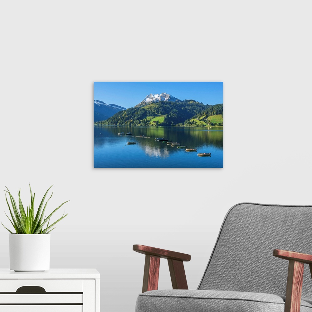A modern room featuring Fisher Boats On Lake Wagital With Fluebrig Mountain In The Glarner Alps At Fall, Innerthal, Schwy...