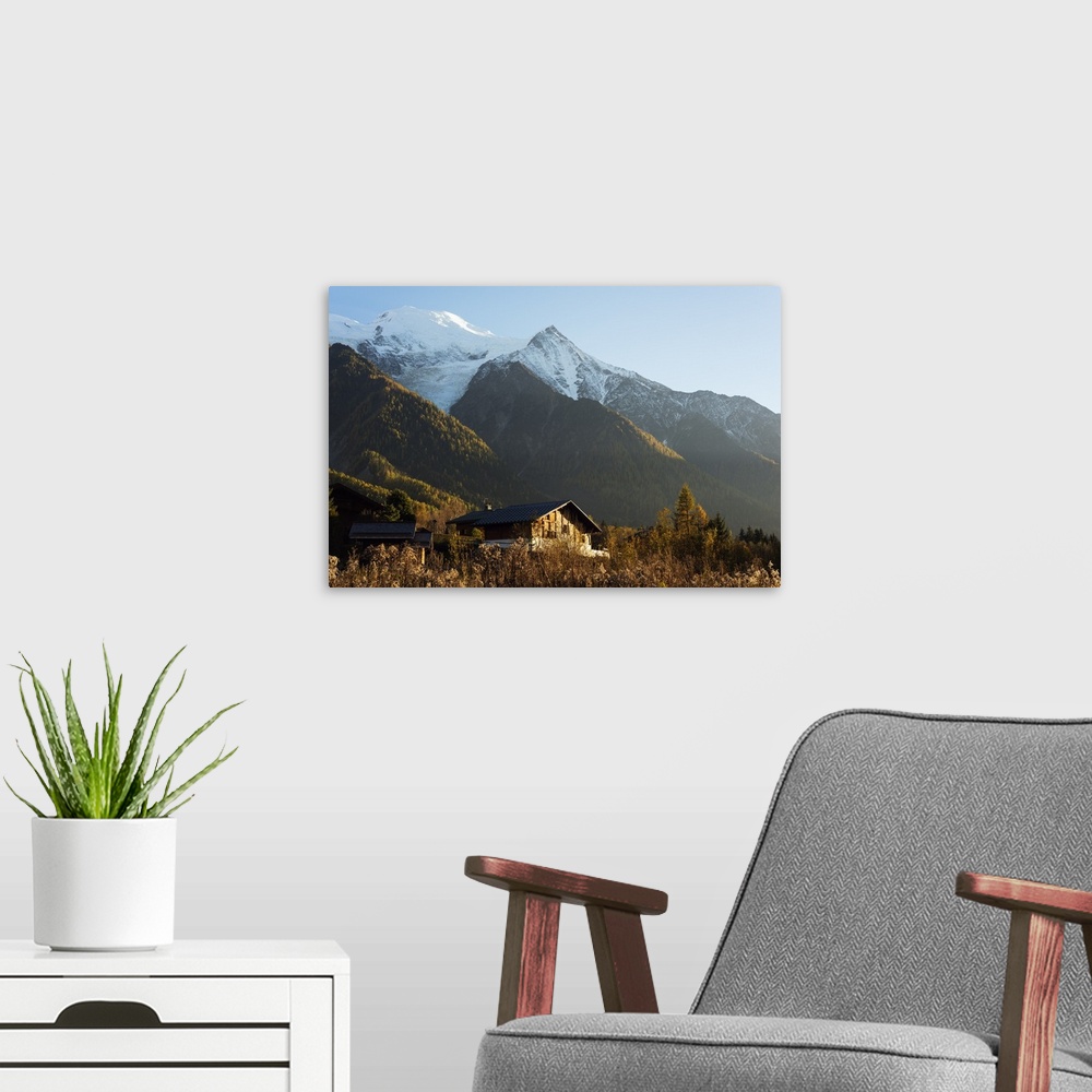 A modern room featuring Europe, France, Haute Savoie, Rhone Alps, Chamonix Valley, chalet below Mont Blanc.