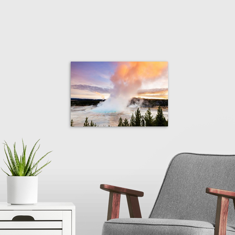 A modern room featuring Grand Prismatic Spring, Midway Geyser Basin, Yellowstone National Park, Wyoming, USA.