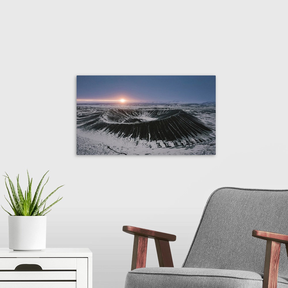 A modern room featuring Hverfjall crater at sunrise, Iceland, Northern Europe