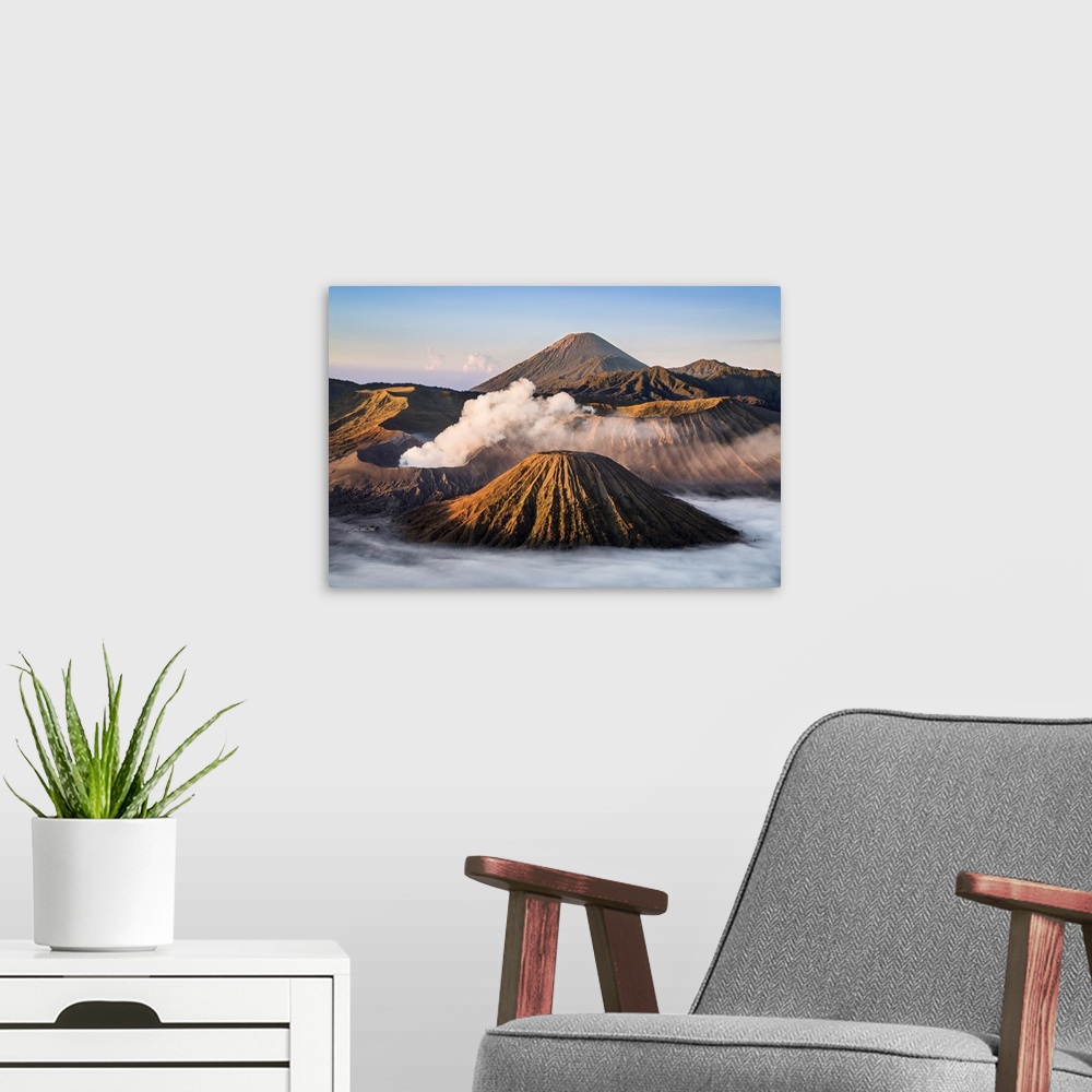 A modern room featuring Indonesia, Java, Bromo. A stunning volcanic landscape from Mount Penanjakan at sunrise. .