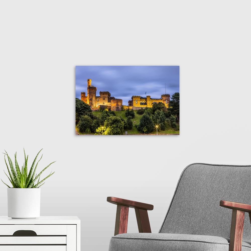 A modern room featuring Inverness Castle in early evening, Scotland, United Kingdom. Inverness, Scotland.