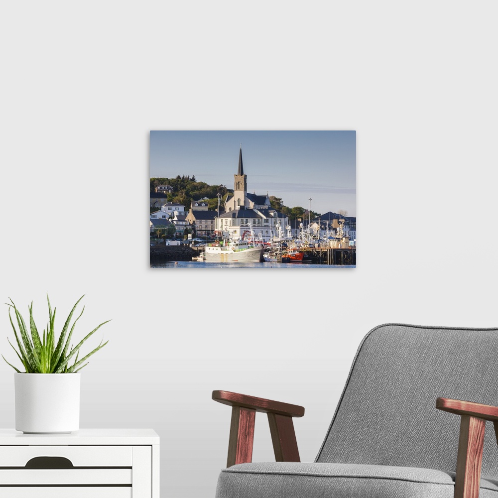 A modern room featuring Ireland, County Donegal, Killybegs, Ireland's largest fishing port, town view.
