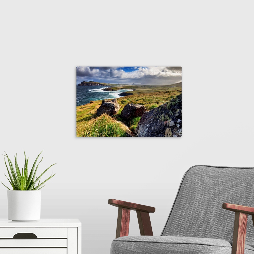 A modern room featuring Europe, Northern Europe, Ireland, Kerry, Dingle, View over Ballyferriter Bay from Clougher Head