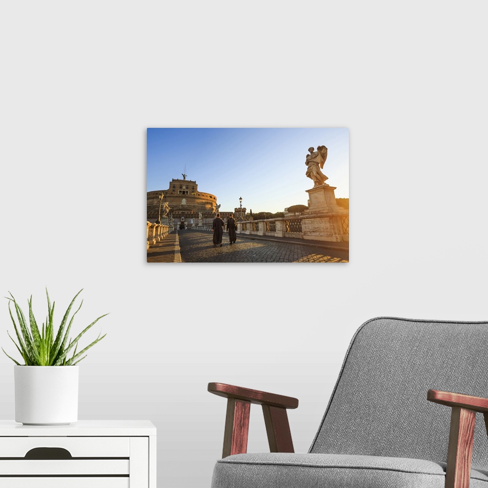 A modern room featuring Italy, Rome, two monks walking at Mausoleum of Hadrian (known as Castel Sant'Angelo)  at sunrise