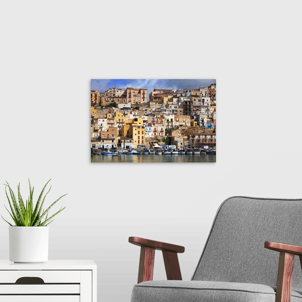 A modern room featuring Italy, Sicily, Sciacca. The port with the houses in the historic centre.