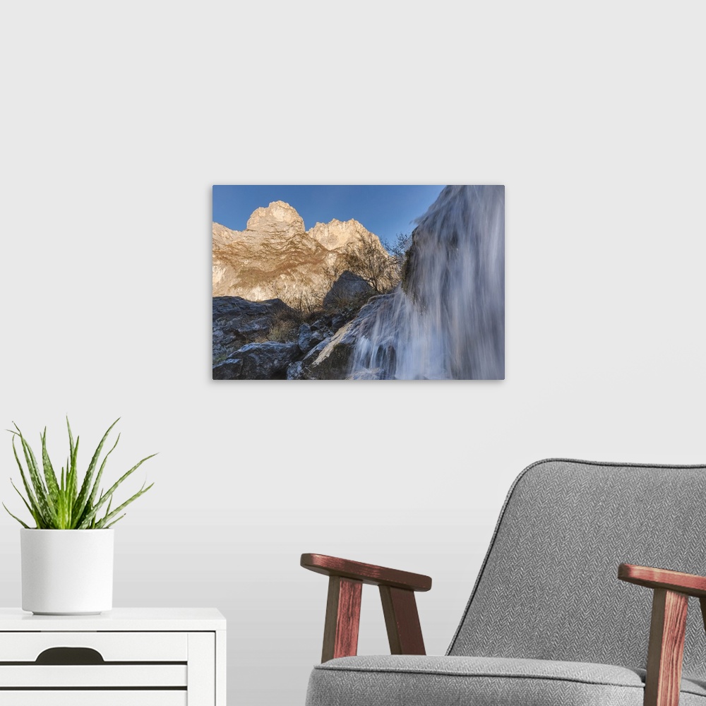 A modern room featuring Europe, Italy, Veneto, Agordino, Taibon. The waterfall of Livinal in the San Lucano valley.