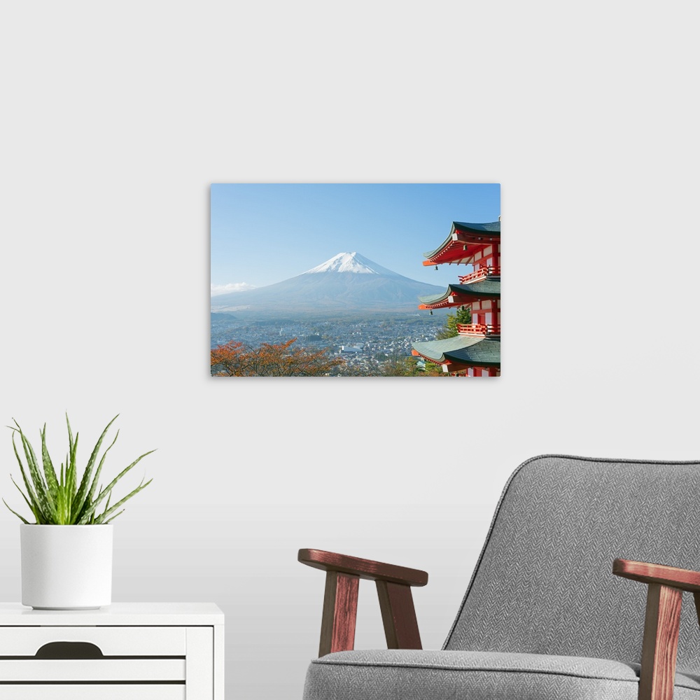 A modern room featuring Asia, Japan, Honshu, Mt Fuji 3776m, Arakura Sengen Jinja, UNESCO World Heritage site.