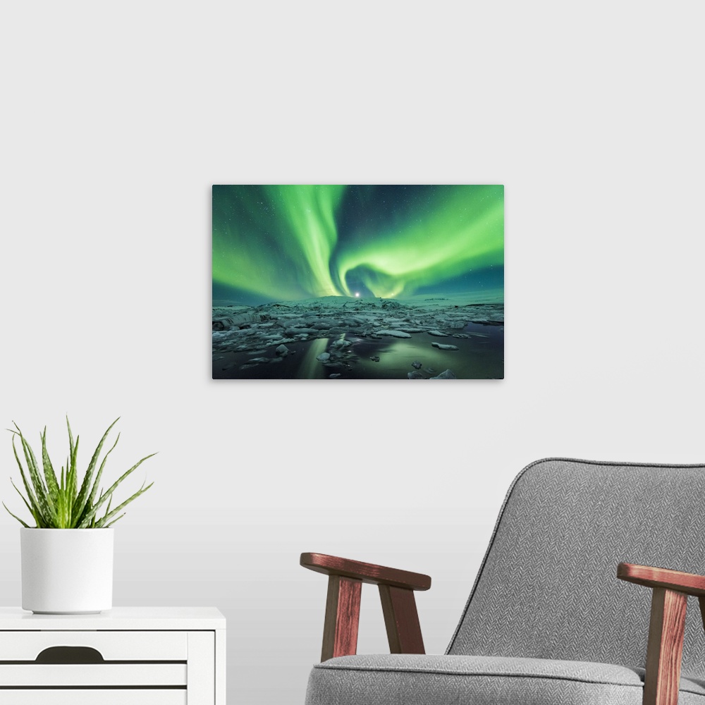 A modern room featuring Jokulsarlon, East Iceland, Iceland. Northern lights over the glacier lagoon.
