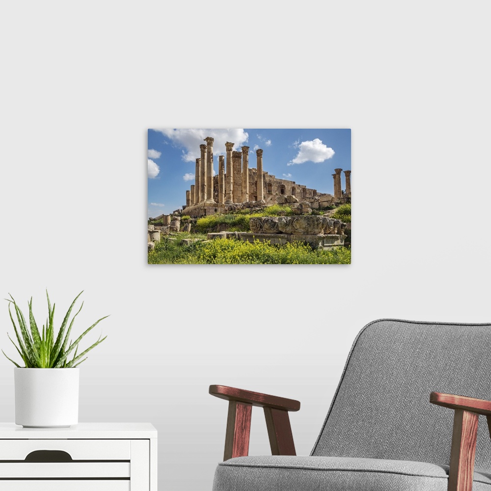 A modern room featuring Jordan, Jerash. The ruins of the Great Temple of Zeus in the ancient Roman city of Jerash. .