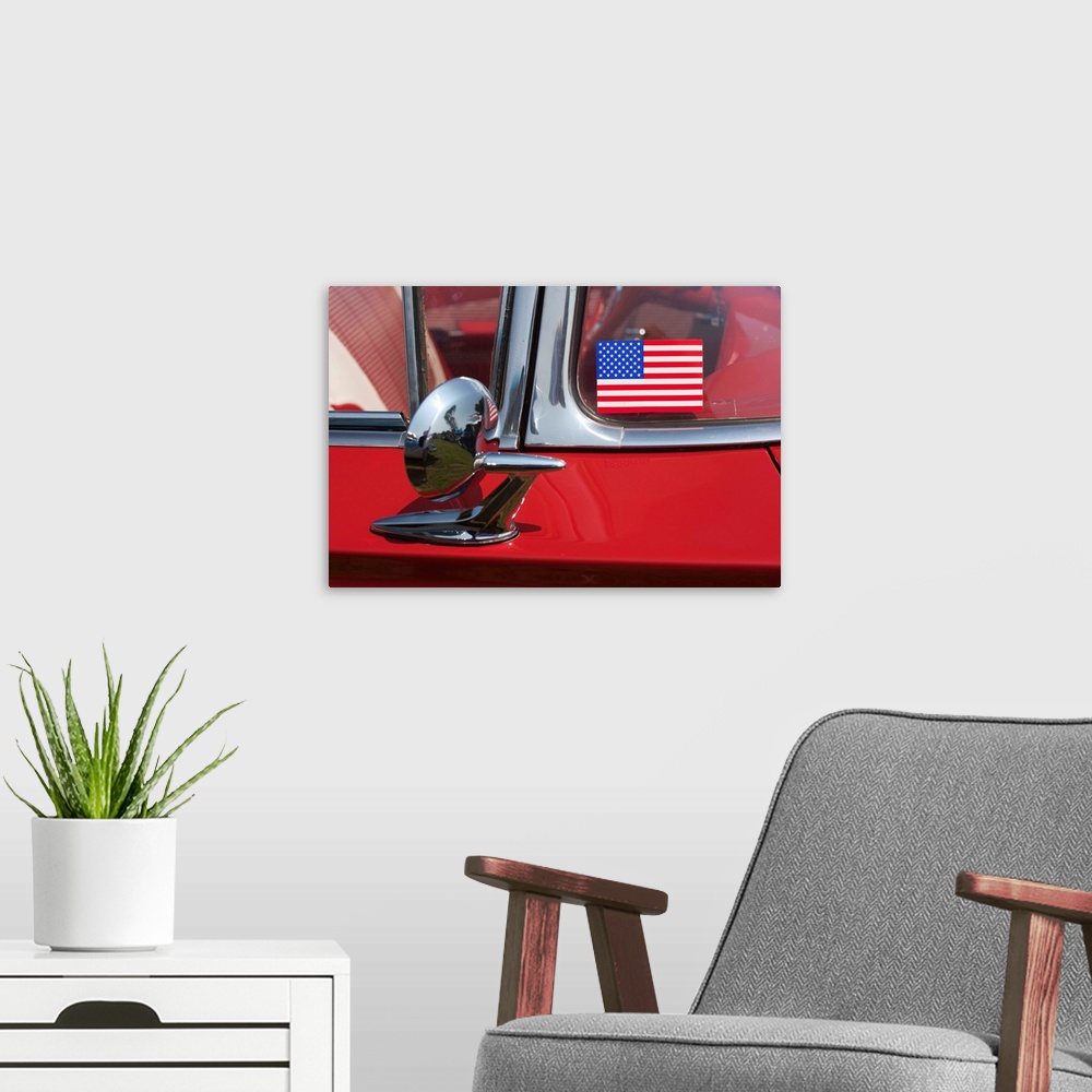A modern room featuring USA, Massachusetts, Cape Ann, Gloucester, antique car show, US flag sticker on windshield of red car