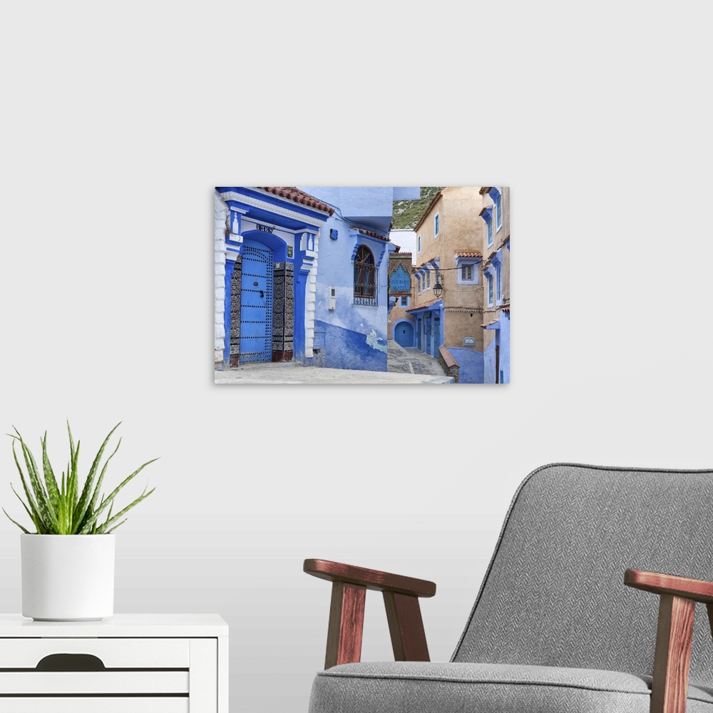 A modern room featuring Medina, old town, Chefchaouen, Chaouen, Morocco.