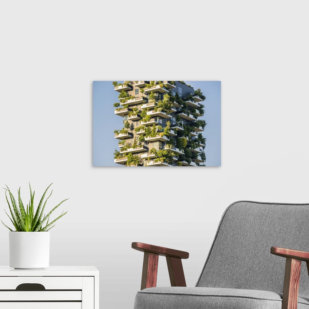 A modern room featuring Milan, Lombardy, Italy. Details of the Bosco Verticale building.