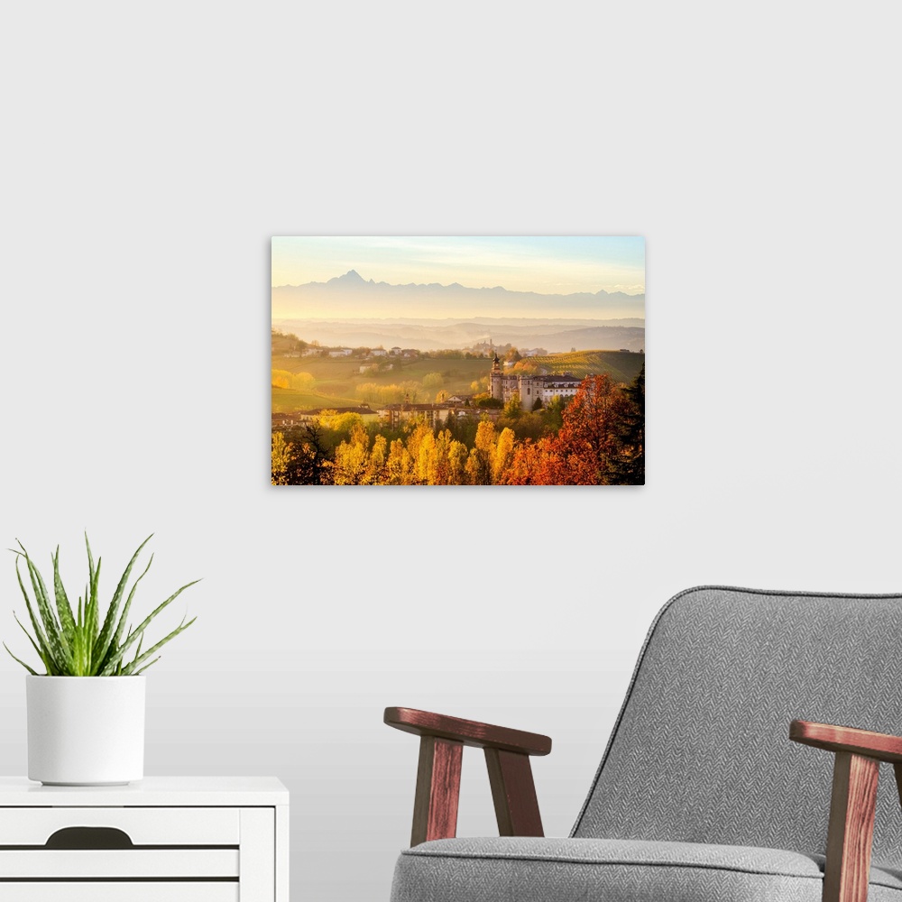 A modern room featuring Monferrato hills with foliage and view of Costigliole d'asti, Costigliole d'asti, Piedmont, Italy