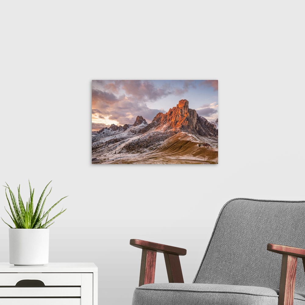 A modern room featuring Mount Ra Gusela at sunset, Giau pass, Colle Santa Lucia, Belluno district, Veneto, Italy.