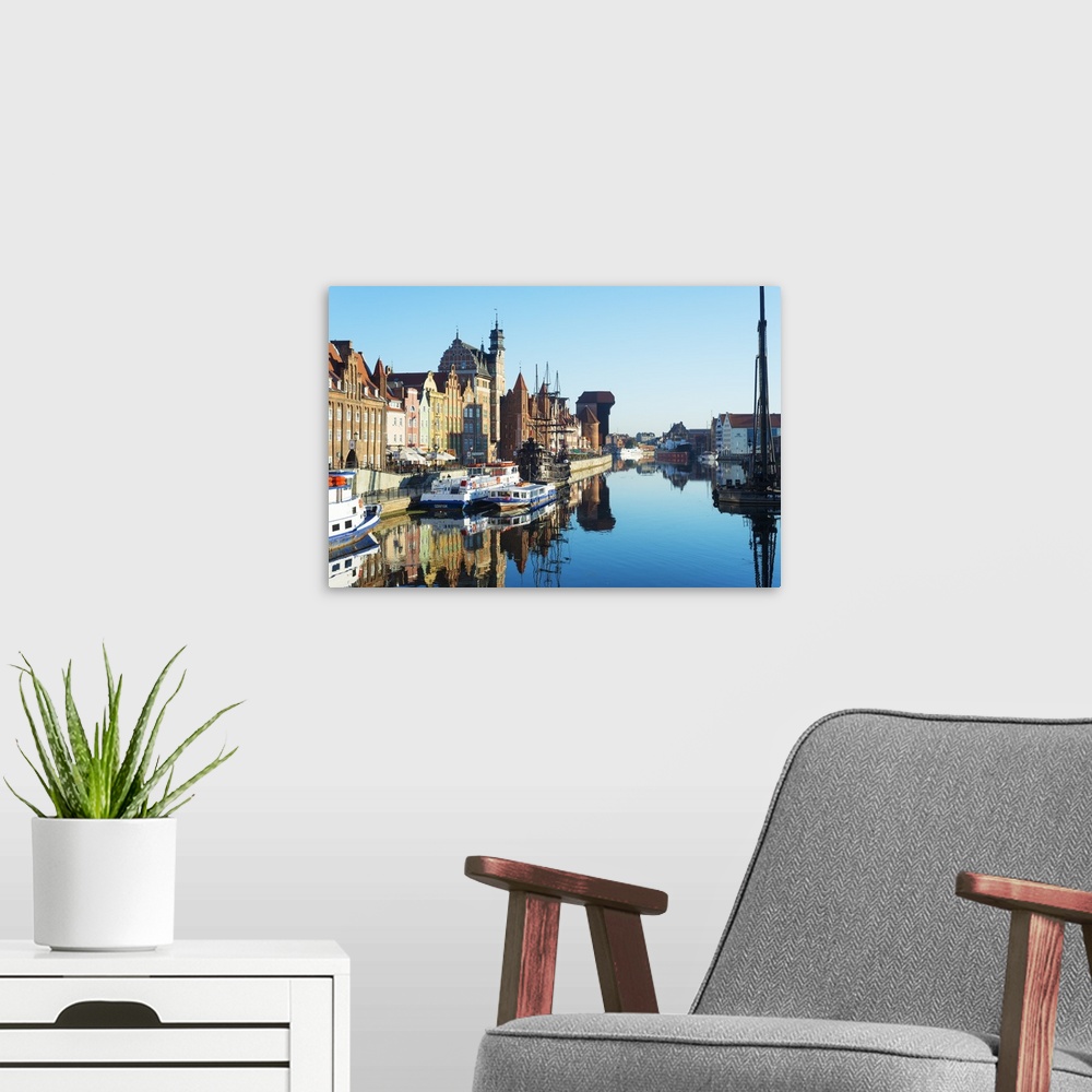 A modern room featuring Europe, Poland, Gdansk, canal side houses.
