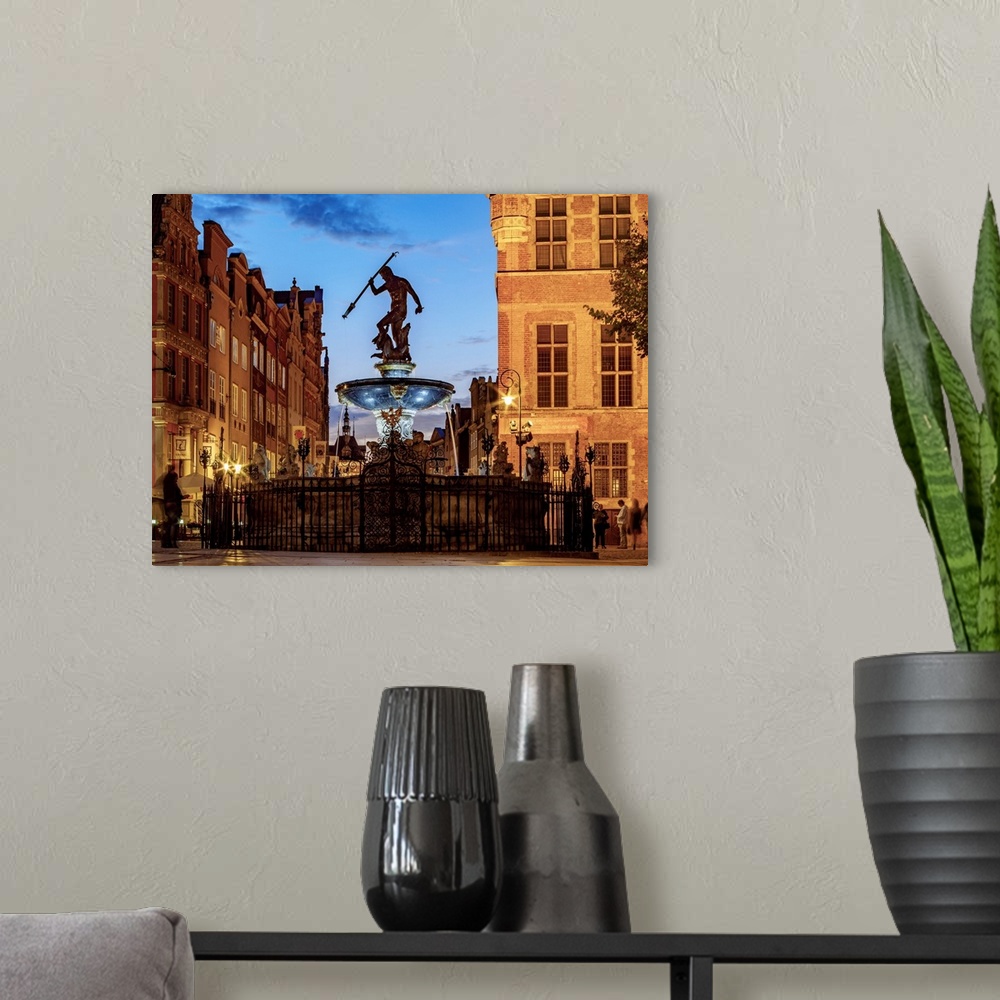 A modern room featuring Poland, Pomeranian Voivodeship, Gdansk, Old Town, Neptune's Fountain at twilight.