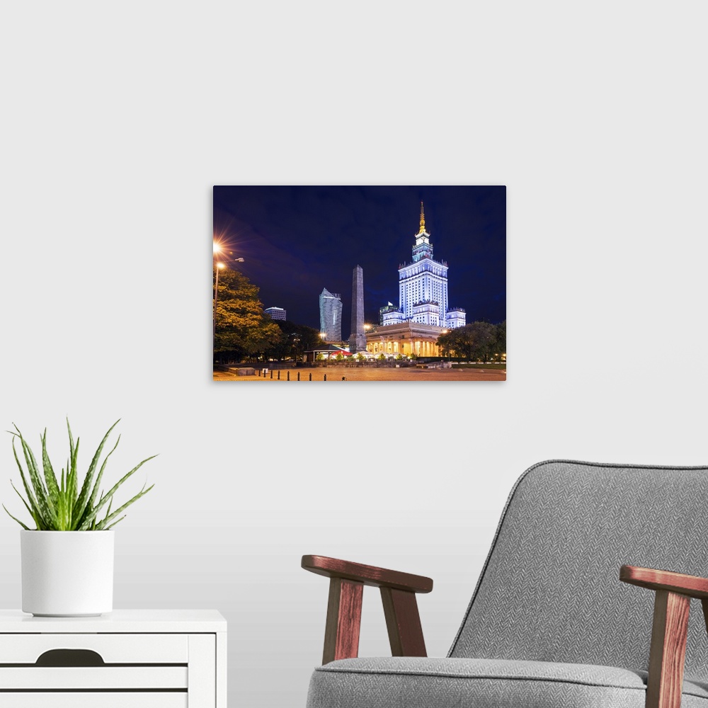 A modern room featuring Europe, Poland, Warsaw, Palace of Culture and Science.