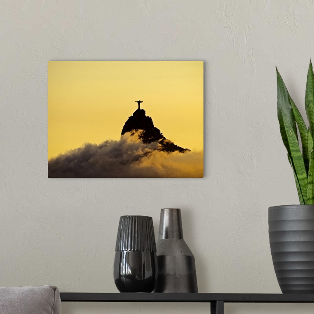 A modern room featuring Brazil, City of Rio de Janeiro, Sunset view of the Christ the Redeemer and Corcovado Mountain.