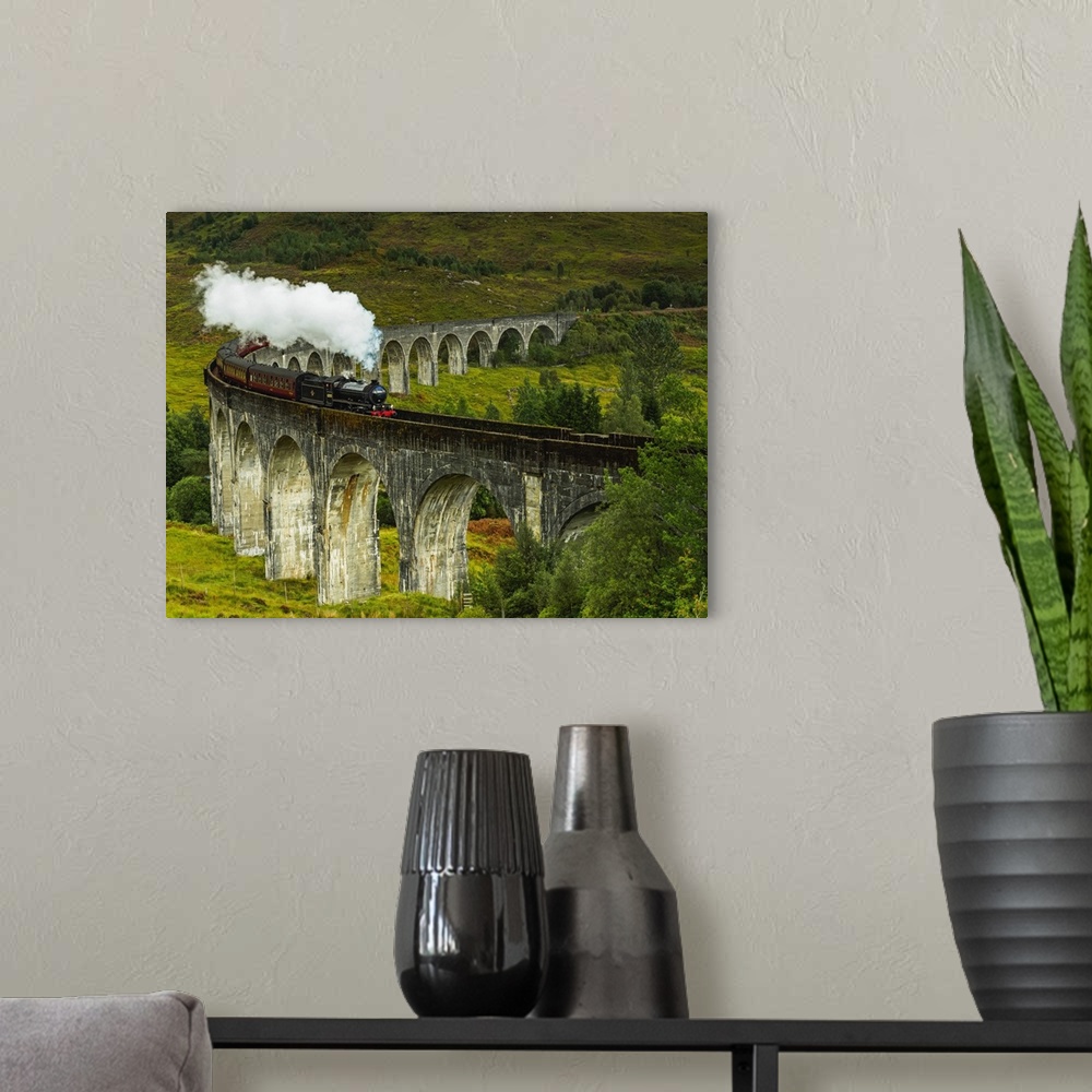 A modern room featuring UK, Scotland, Highlands, Jacobite Steam Train crossing the Glenfinnan Viaduct.