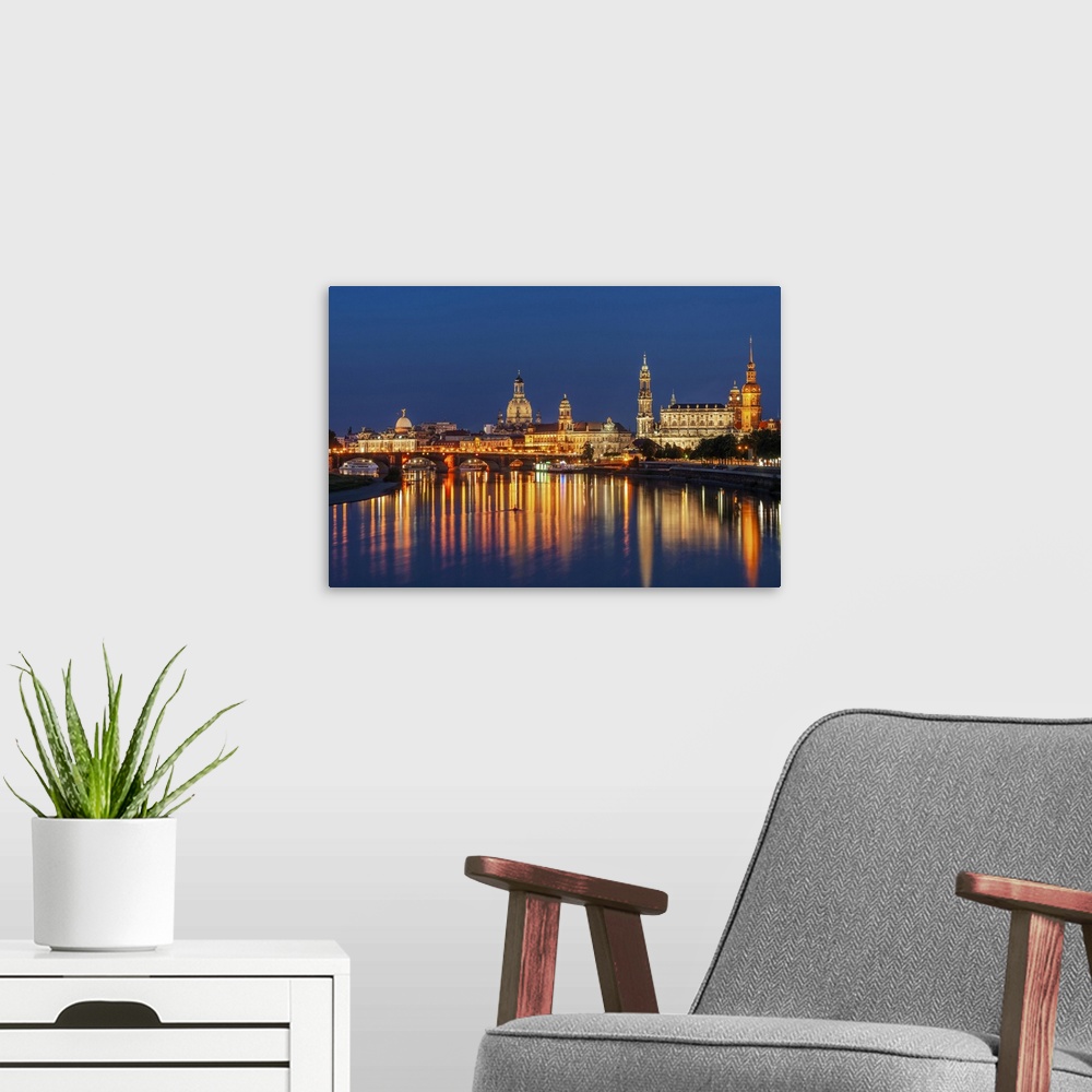 A modern room featuring Skyline of Dresden at dusk with Bruehl's Terrace ,Academy of Fine Arts, Church of Our Lady, Court...