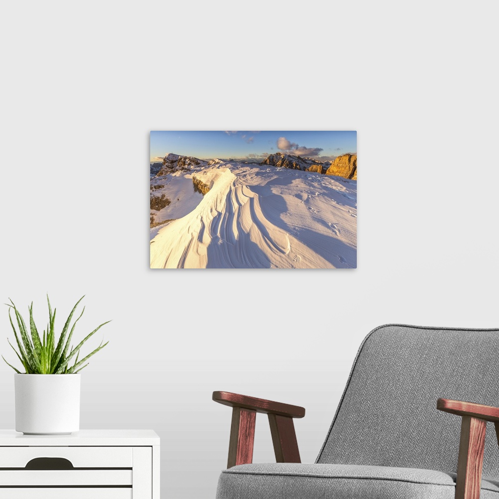 A modern room featuring Snow waves between rocks, Mount Lagazuoi, Cortina d'Ampezzo, Belluno district, Veneto, Italy, Eur...