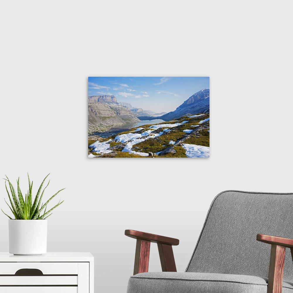 A modern room featuring Europe, Swiss Alps, Switzerland, Valais region, Daubensee lake above Leukerbad.
