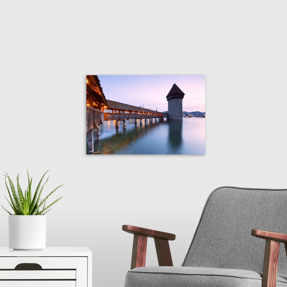 A modern room featuring Europe, Switzerland, Lucerne. Bridge at dusk.