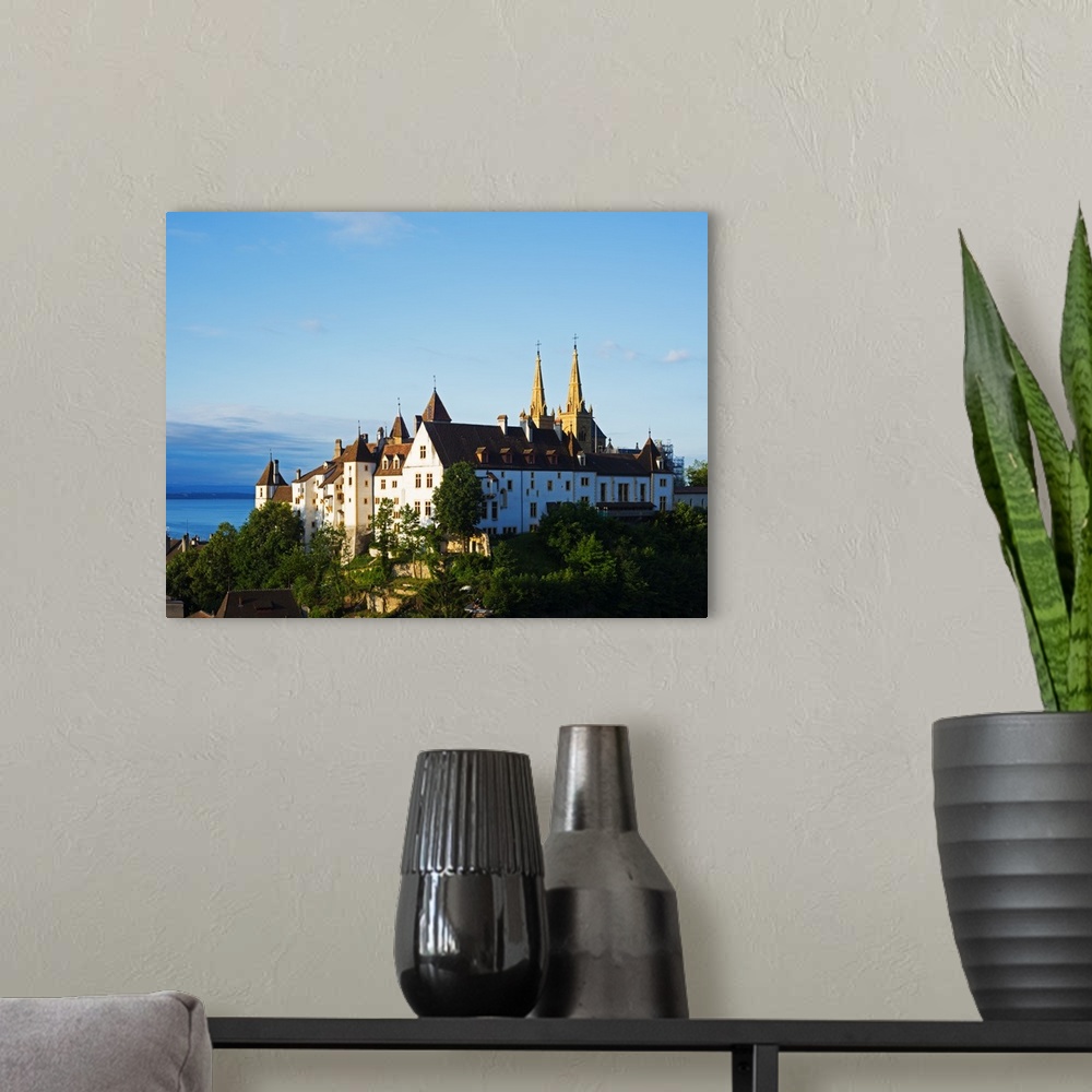 A modern room featuring Europe, Switzerland, Neuchatel, 15th century chateau and cathedral.