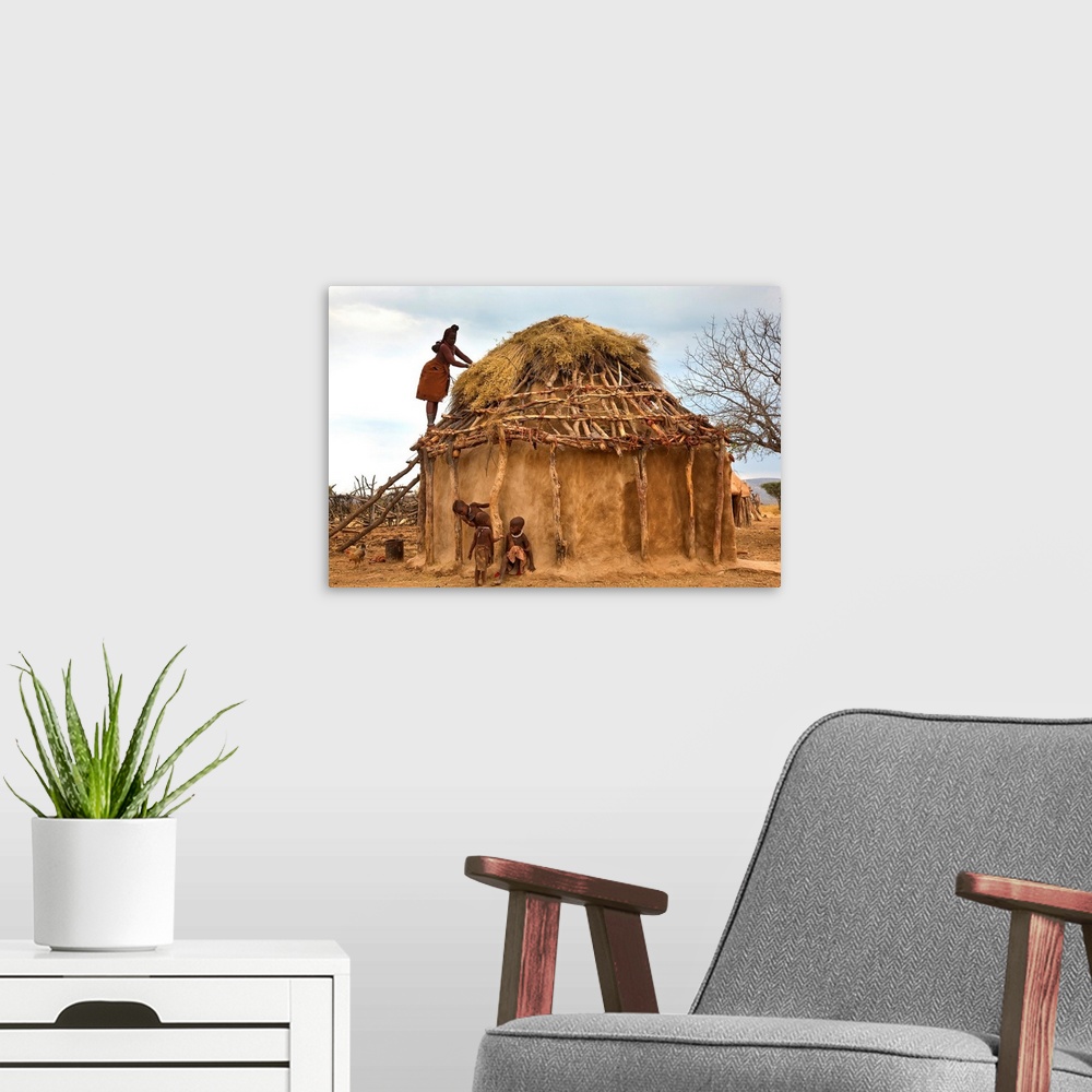 A modern room featuring Thatching Himba tribe hut, Kaokoland, Namibia