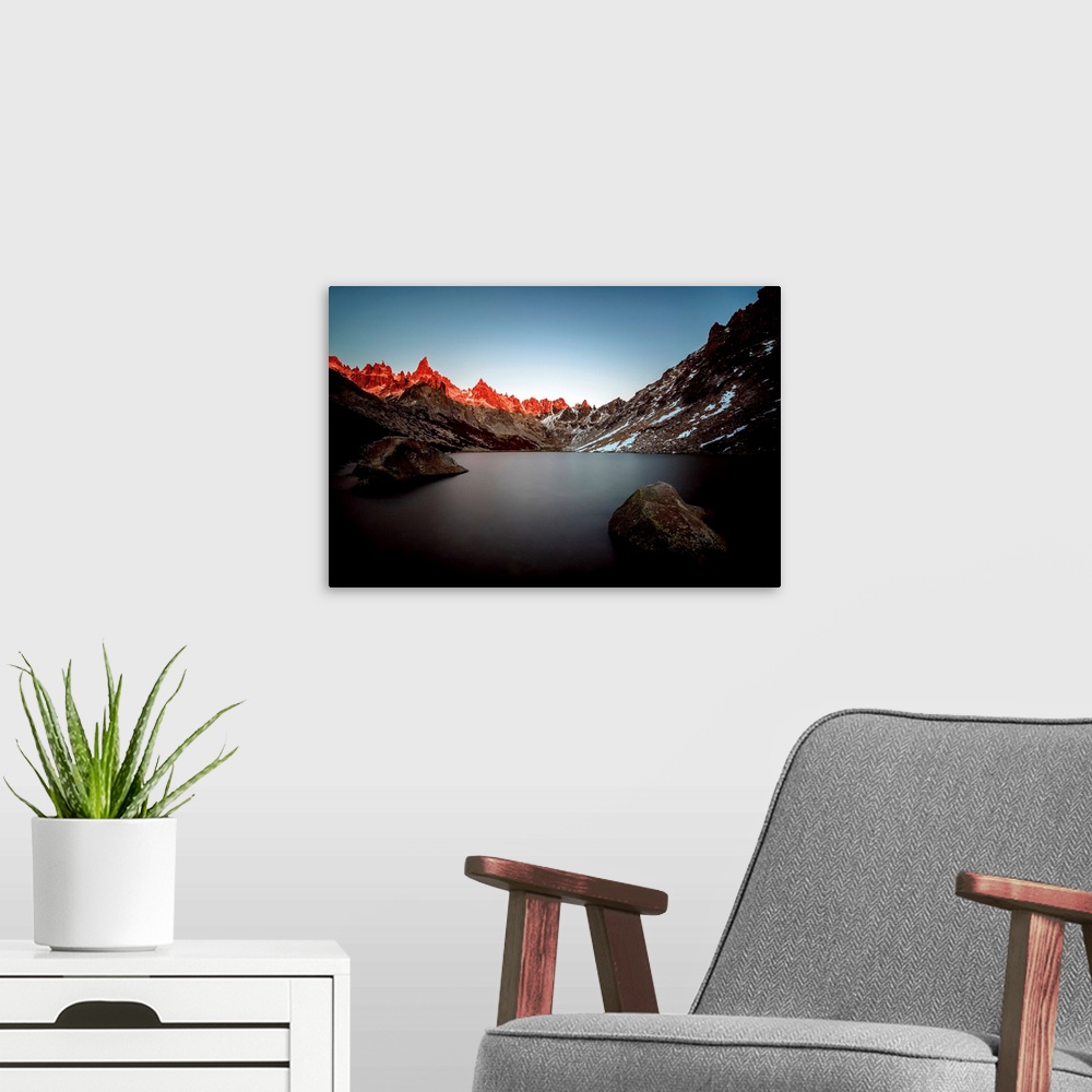 A modern room featuring Toncek Lagoon and Cerro Catedral at sunrise, Nahuel Huapi National Park, Rio Negro Province, Arge...