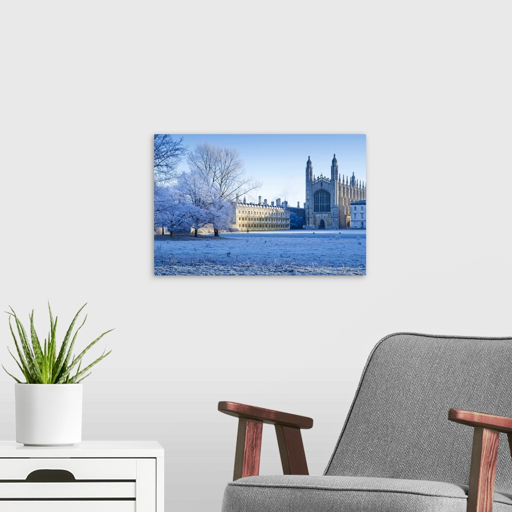 A modern room featuring UK, England, Cambridgeshire, Cambridge, The Backs, King's College Chapel in winter