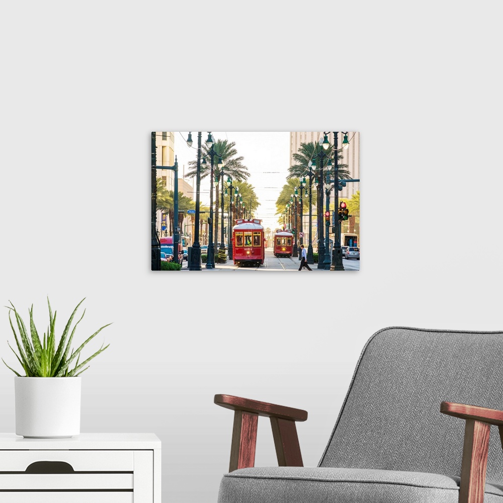 A modern room featuring United States, Louisiana, New Orleans. Canal Street streetcar line in the French Quarter.