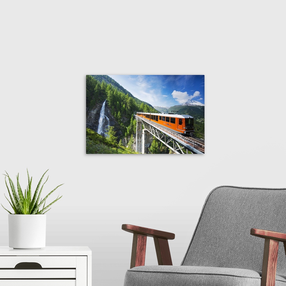 A modern room featuring Europe, Valais, Swiss Alps, Switzerland, Zermatt, The Matterhorn (4478m), Gornergrat cog railway.