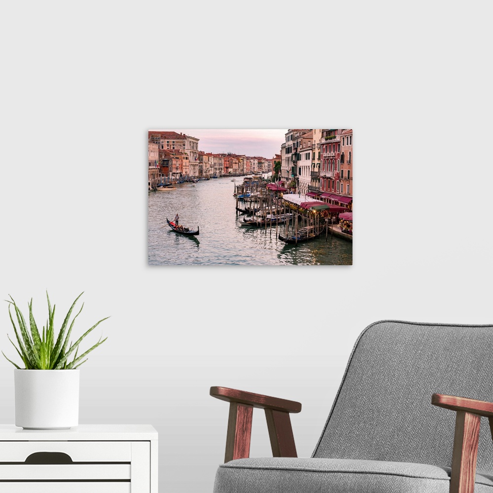 A modern room featuring Venice, Veneto, Italy. Buildings and gondola from Rialto Bridge.
