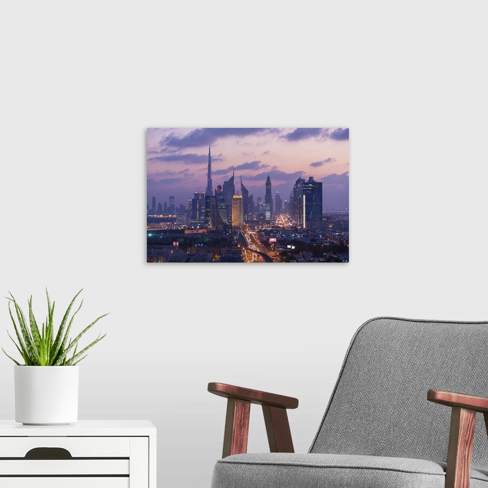 A modern room featuring View of downtown Dubai at dusk, United Arab Emirates, U.A.E.