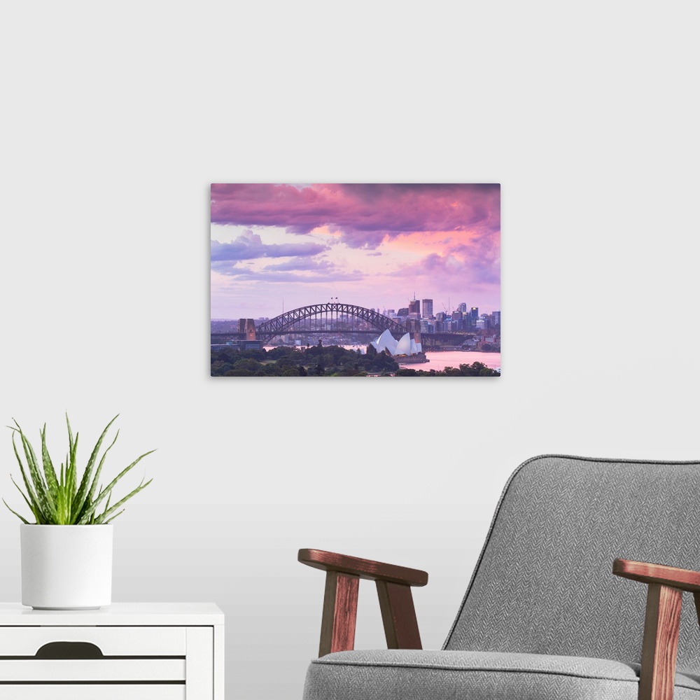 A modern room featuring View Of Sydney Harbour Bridge And Sydney Opera House At Sunset, Sydney, New South Wales, Australia