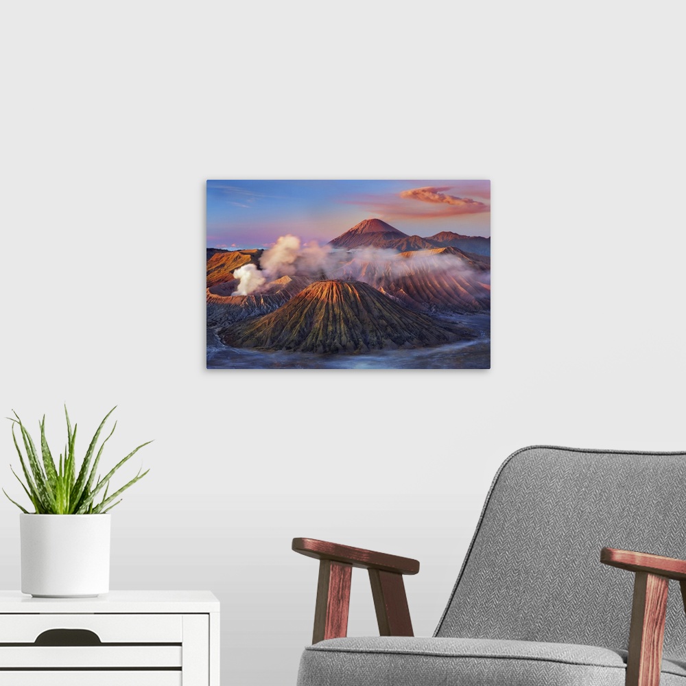A modern room featuring Volcanic landscape with Semeru, Bromo, Batok. Indonesia, Java, Tengger Caldera, from Mount Pananj...