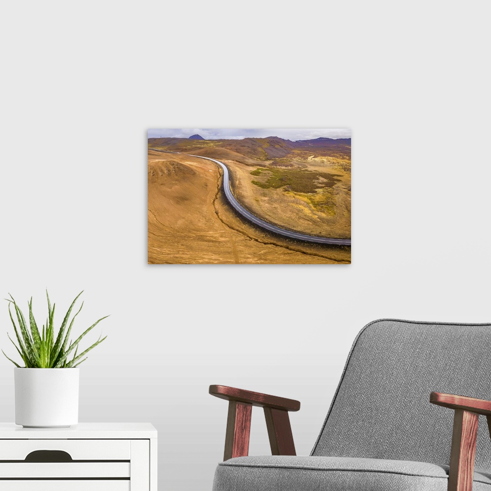 A modern room featuring Winding road at Namafjall Hverir geothermal area, Myvatnssveit, Northeast Iceland, Iceland