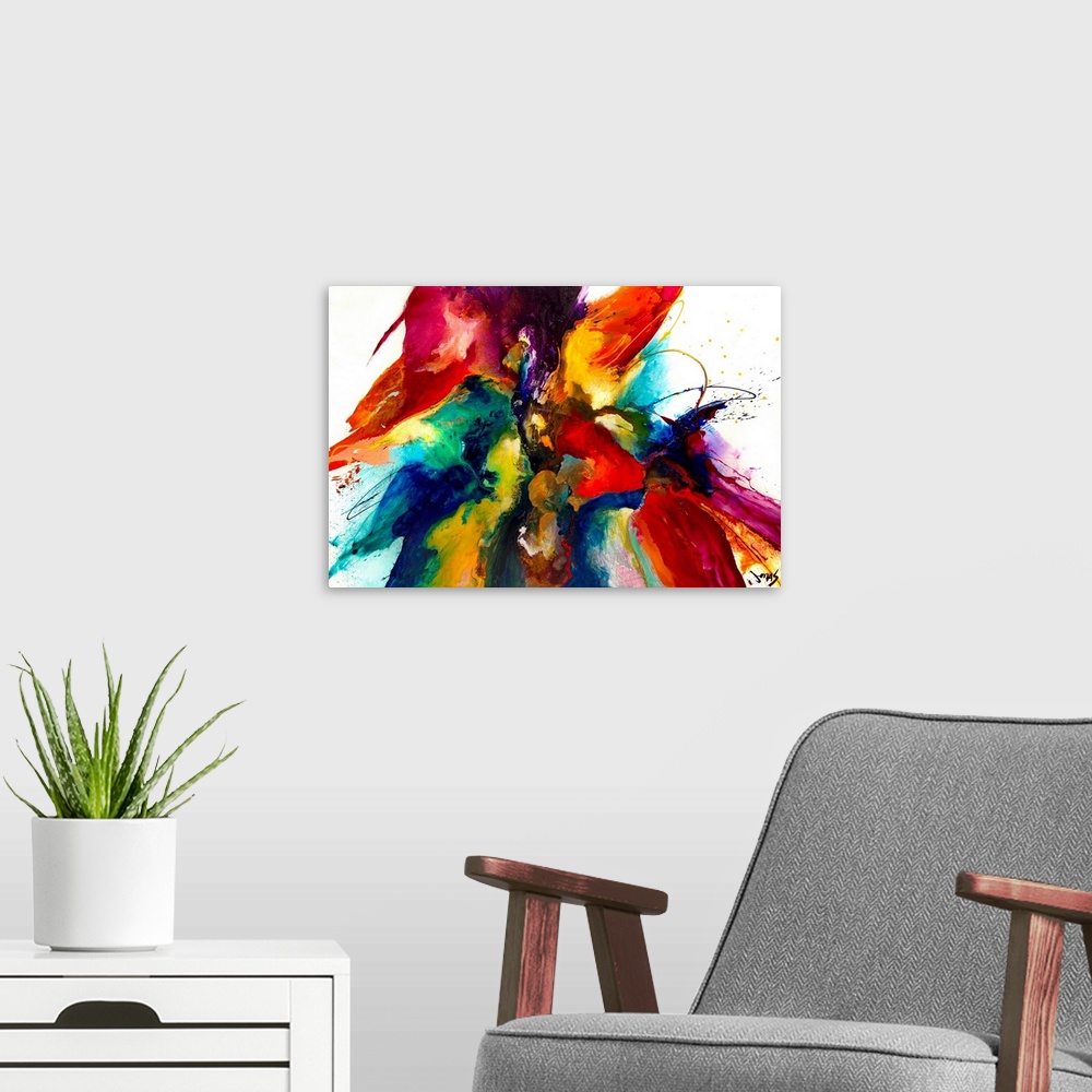 A modern room featuring Intense explosion of abstract paint splatters and bleeding colors. This contemporary art work has...